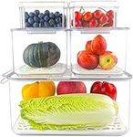 5 PACK Fridge Organizer with Lid,Produce Saver Containers for Refrigerator,Stackable Clear Refrigerator Organizer Bins with Vents,Lids,Drain Tray,Fridge Bins for Vegetables & Fruits,BPA Free