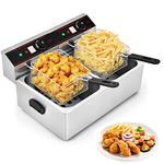 COSTWAY Commercial Deep Fryer, 5000W Electric Countertop Fryer with Dual Large Tanks, 2 Baskets & 2 Lids, Stainless Steel Hot Oil Cooker with Adjustable Temp for French Fries, Chicken, Shrimp & Chip