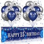 RUMIA Blue 15th Birthday Decorations for Boys Girls, Navy Blue Silver Happy 15th Birthday Banner and 15th Birthday Balloons for 15th Birthday Anniversary Party Supplies