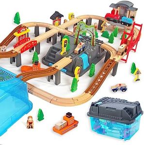 WoodenEdu 100Pcs Wooden Train Set for 3 Year Old Boys, Double-Side Train Set Tracks with Bridge Train Station & Storage Box, Fits Brio, Thomas, Melissa and Doug, Kids Gift Toys for Boy 3-7 (100pcs)