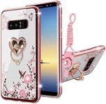 KuDiNi for Note 8 Phone Case,Galaxy Note 8 case for Women Glitter Crystal Soft Bling Butterfly Heart Floral Clear Protective Cover with Kickstand+Strap for Samsung Note 8 (Rose Gold)