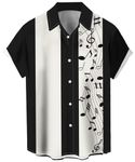 Men's Vintage Bowling Shirt 1950s Retro Rockabilly Style Short Sleeve Button Down Music Hawaiian Shirts, Music Note-white Black, XXXXL