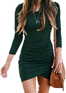 BTFBM Women Fashion Dresses Ruched Bodycon Long Sleeve Crewbeck Wrap Front Solid Color Slim Casual Christmas Short Dress (Dark Green, Medium)