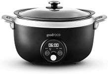 Good Food in partnership with Tower GF16010 3.5L Digital Slow Cooker with 3 Heat Settings, Delay Function & Timer, Removable Aluminium Pot, Tempered Glass Lid, Black with Stainless Steel Accents