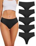 VOENXE Seamless Women Underwear Thongs,High Waisted Cut No Show Ladies Knickers,No Vpl Breathable Panties,Multipack High Rise Comfortable Briefs,Invisible Tanga Undies,5-Pack Black