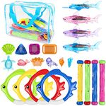 OWUDE 28Pcs Pool Toys for Kids 8-10 Age, Diving Rings Sticks Shark Underwater Sinking Glow Gem Treasures Games Dive Toys with Storage Bag for Swimming Pool