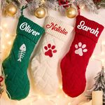 Mostop Personalized Pet Christmas Stockings, Knitted Christmas Stockings with Dog Paw, Fish Bone Pattern Embroidered Name Stockings for Dog Cat Pet Holiday Decoration