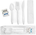 Individually Wrapped Plastic Cutlery Set with Napkin + Salt & Pepper Packets in White (250 Count) Prewrapped Disposable Silverware Bags, Bulk Utensils: Fork, Knife, and Spoon for Togo Eating