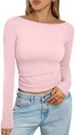 Trendy Queen Women's Boat Neck Tops Long Sleeve Shirts Casual Fitted Tee Shirts Solid Color Fall Basic Clothes Pink XS