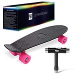 PHAT Penny Board, Plastic Kids Skateboard, Cruiser Board with All-in-One Skate T-Tool, 22" Mini Skateboard (Black-Pink)