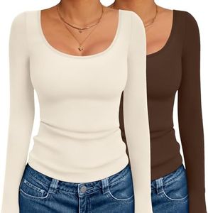 Ekouaer 2 Pack Long Sleeve Shirts for Womens Scoop Neck Tops Slim Fit Undershirts Basic Thermal Tee Shirt Beige/Coffee S