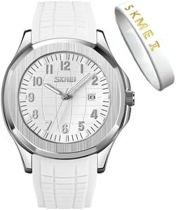 SKMEI Orologio da uomo in silicone, facile da leggere, impermeabile, sportivo, casual, alla moda, analogico, al quarzo, luminoso, regalo per padri, nero, G9286bianco, Moda