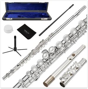 Fesley Silver Plated Closed Hole C Flute, Musical Instruments Flute for Student Beginner Band, 16 Keys Flutes with Flute Case, Cleaning Cloth, Stand, Joint Grease, Cleaning Rod