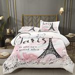 Bodhi Full Size Paris Comforter Set,Girls Pink bedding set,Cartoon eiffel tower Comforter Set,Girls Comforter with Matching Pillowcase,Pink Girls Bed Set Full Size