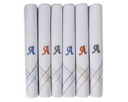 Caruso Italy Men's Initial Monogram A Embroidery Pure Cotton Formal Handkerchief White Base With Colored Border - Pack Of 6, free size