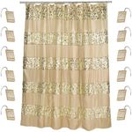 Zahari Home 13pc Sinatra Bathroom Shower Curtain Set Gold Shower Curtain & 12 Champagne Gold Shower Curtain Hooks Luxury Fabric Beautiful Shower Curtain Bling Unique Shower Curtain Set…