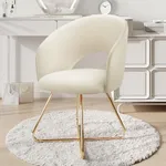 Furniliving Modern Accent Chair Velvet Comfy Lounge Chairs for Bedroom, Upholstered Barrel Vanity Chair with Back, Mid Century Makeup Chair with Gold Legs (White)