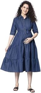 Nightspree Women's Calf Length Cotton Denim Mandarin Collared Maternity Dress Feeding Kurti with Zipper (1440-Dark Blue_2XL)