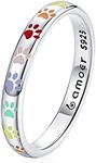 BISAER S925 Sterling Silver Puppy Dog Cat Paw Ring, Multicolor Pet Print Enamel Ring for Women 3-3.4mm