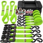 Motorcycle Ratchet Tie Down Straps with Soft Loops - Vehiclex 4PK Heavy Duty 1.5" x 8ft Kit, 4,400 lb Breaking Strength for Powersports, Green