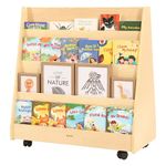 Double-Sided Bookshelf with Wheels, Wooden 4-Layer Toddler Bookshelf, Children's Magazine Storage Shelf, Ideal for Playrooms, Bedrooms, Study Rooms, Living Rooms