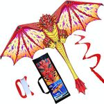 HONBO Dragon Kite for Kids and Adults-Easy to Fly, Beginner Kite-55 x 62inch with Spinning Tail 200ft Kite String, Kites Kids(RED)