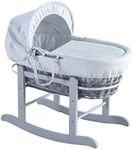 ELEGANT BABY White Waffle Grey Wicker Moses Basket with Deluxe Grey Rocking Stand, Adjustable Hood, Fibre Mattress & Padded Liner