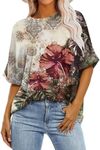 ANRABESS Women's Oversized T Shirts Floral Short Sleeve Crewneck Summer Tops Casual Loose Basic Tee Shirts 2025 Trendy Clothes Grey Flower Print X-Large