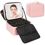 Relavel Rolling Makeup Case, Makeup Backpack Professional Makeup Artist Train Case, Double Layer Pink, 1-Small, Double layer makeup bag with LED mirror, 3 color lights and brightness adjustment