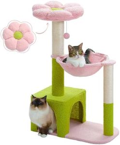 MUTTROS Flower Cat Tree with Large Metal Frame Hammock, 35" Pink Cat Tower with Sisal Scratching Posts for Small Indoor Cats, Cat Condo with Blue Top Perch for Kittens, Fluffy Ball, Pink