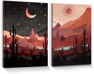 hyidecorart Quadri Boho Giorno e Notte Camera Da Letto, Quadro Nero Rosso Stelle Luna Sole Deserto Occidentale Cactus Montagne Fiumi Moderno Soggiorno Ufficio Bagno