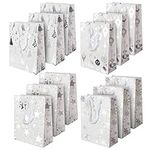 Belle Vous Christmas Kraft White Gift Bags (12 Pack) - 18 x 23.5cm / 7.08 x 9.25 Inches Medium Size White & Silver Gift Bags with Tags - Ideal for Cookie, Xmas Present Packaging & Party Favour