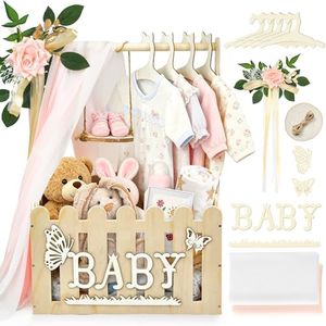 KYNUG Wooden Baby Shower Crate Closet With Hanger Rack, Wooden Baskets for Baby Shower With Handle Girl Welcome Box Personalized Baby Gifts Crates - Easy Assembly (Girl)