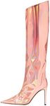 Arqa Women's Metallic Knee High Boots Stiletto High Heels Wide Calf Boot with Zipper Pointed Toe Dressy Booties Chrome Pink Size 6