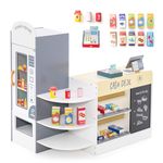 COSTWAY Pretend Play Shop, Kids Supermarket Playset with Cash Register, Vending Machine, Chalkboard, Wooden Role Play Grocery Store for Children Ages 3+ (Grey+White)