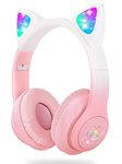 Wireless Headphones Kids,BREIS Cat Ear LED Light Up Foldable Kids Bluetooth Headphone,HD Stereo Sound Childrens Headphones Built in Microphone for PC/Phone/iPad/Study/Travel (Gradient Pink)