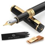 Dryden Designs Fountain Pen and Sleeve PU Leather Clips - Medium Nib 0.5mm | Includes 6 Ink Cartridges (3 Black, 3 Blue) and Ink Refill Converter - Black