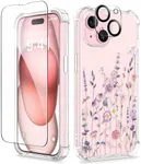 GVIEWIN 3 in 1 Designed for iPhone 15 Plus Case 6.7 Inch, with Screen Protector + Camera Protector Clear Flower [Not-Yellowing] Shockproof Women Slim Phone Cover, 2023 (Floratopia/Colorful)