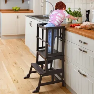 COSYLAND Kids Kitchen Step Stool, Toddler Standing Tower with CPC Certification, Removable Anti-Drop Railing Safety Rail Unique Patented Design A Anti-tip Stable Structure Black Walnut Color