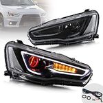 VLAND LED Projector Red Demon Eyes Headlights Compatible for [Mitsubishi Lancer EVO X Sedan 2008-2020] With Sequential Turn Signal Blackout Front Lamps Assembly, Fit For D2H Light Bulbs (No Include)