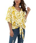 VIISHOW Womens Floral V Neck Tie Knot Front Blouses Bat Wing Short Sleeve Chiffon Tops Shirts(Yellow Leaf,XX-Large)