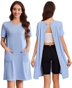 Deyeek Women‘S Hospital Gowns Tear Away Snap Short Sleeve Adaptive Clothing Open Back Clothing for Elderly With Pockets 3XL Light Blue