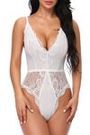 EVELIFE Women Sexy Teddy Lingerie One Piece Lace Babydoll Deep V Neck Bodysuit, White M