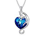 Cat Necklace Sterling Silver Cute Cat Pendant Jewelry with Ocean Blue Heart Crystal Gifts for Cat lover