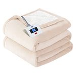 SEALY Electric Blanket Twin Size, Flannel & Sherpa Heated Blanket with 10 Heating Levels & 1-12 Hours Auto Off, Fast Heating Blanket, Machine Washable, Beige, 62x 84 Inch