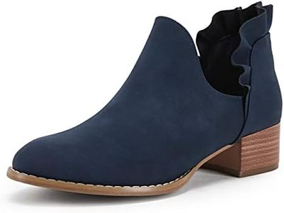 FISACE Womens Ruffled Ankle Boots V Cut Out Pointed Toe Chunky Low Heel Dressy Western Booties Navy
