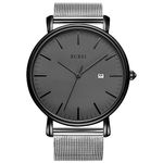 BUREI Men's Fashion Minimalist Wrist Watch Analog Deep Gray Date with Silver Stainless Steel Mesh Band (Dark Gray Black)