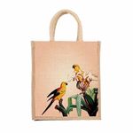 Sangra Multicolor Jute bag for Women and Men Lunch Bag with Zip and Handle (Birds)