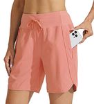 Willit Women's 7" Athletic Running Shorts Long Workout Hiking Shorts Quick Dry High Waisted Active Shorts Zipper Pocket Coral M