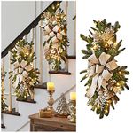 Wreath Prelit Stairway Swag Trim,Christmas Garland with Lights Cordless Prelit Stairs Decoration Artificial Christmas Garlands Decoration for Stairs Fireplaces Xmas Tree Garden (Gold)